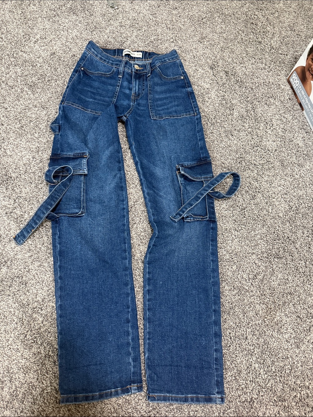 Dark Blue Straight-Leg Cargo Jeans with Utility Straps